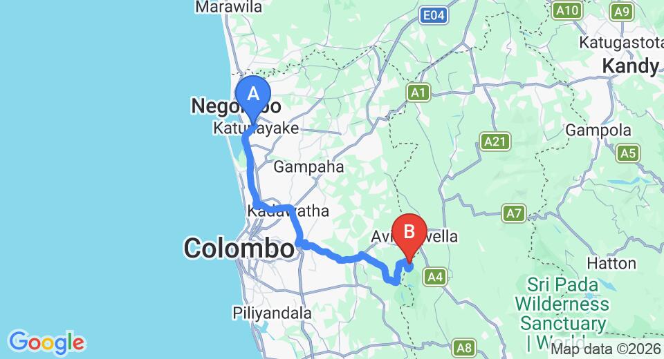 Driving route map: Colombo Airport (CMB) to Hewainna (75 km, approx 1 h 55 min private transfer)