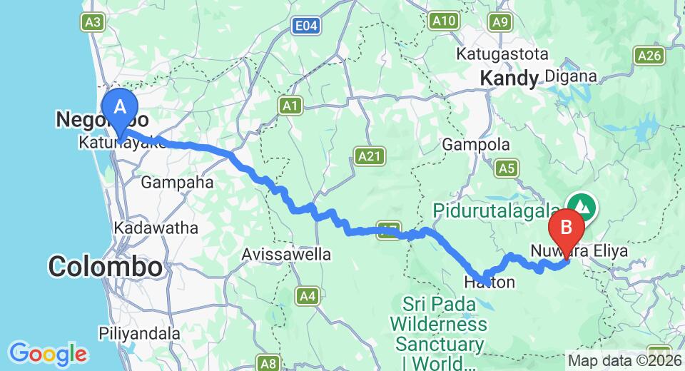 Driving route map: Colombo Airport (CMB) to Nanu Oya (146 km, approx 4 h 28 min private transfer)