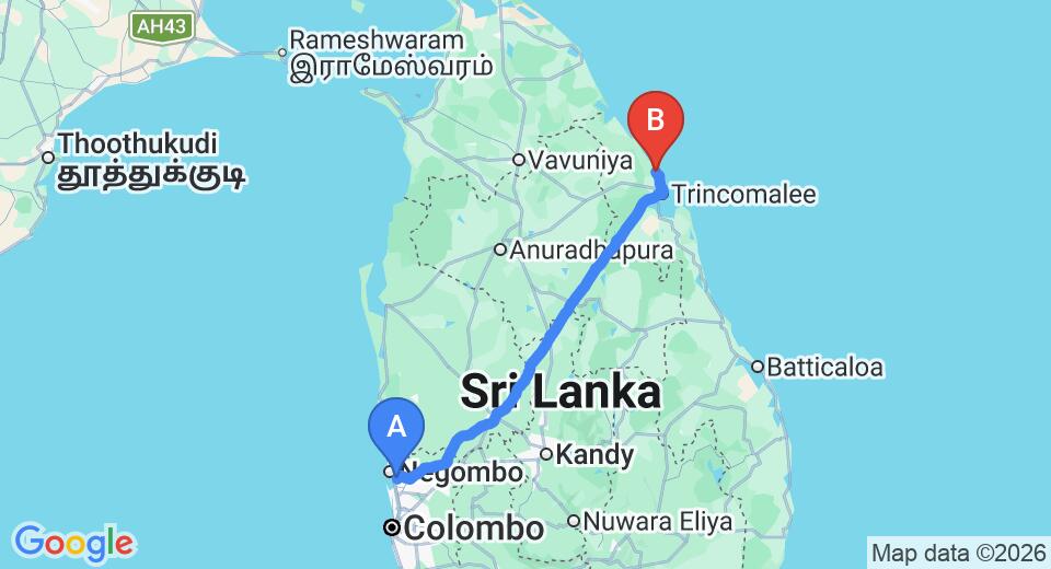 Driving route map: Colombo Airport (CMB) to Palm Resort Nilaveli, Trincomalee (248 km, approx 5 h 5 min private transfer)