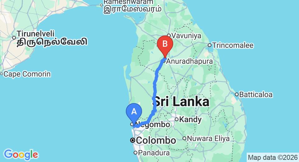 Driving route map: Colombo Airport (CMB) to Sandula Holiday Resort, Anuradhapura (179 km, approx 3 h 54 min private transfer)