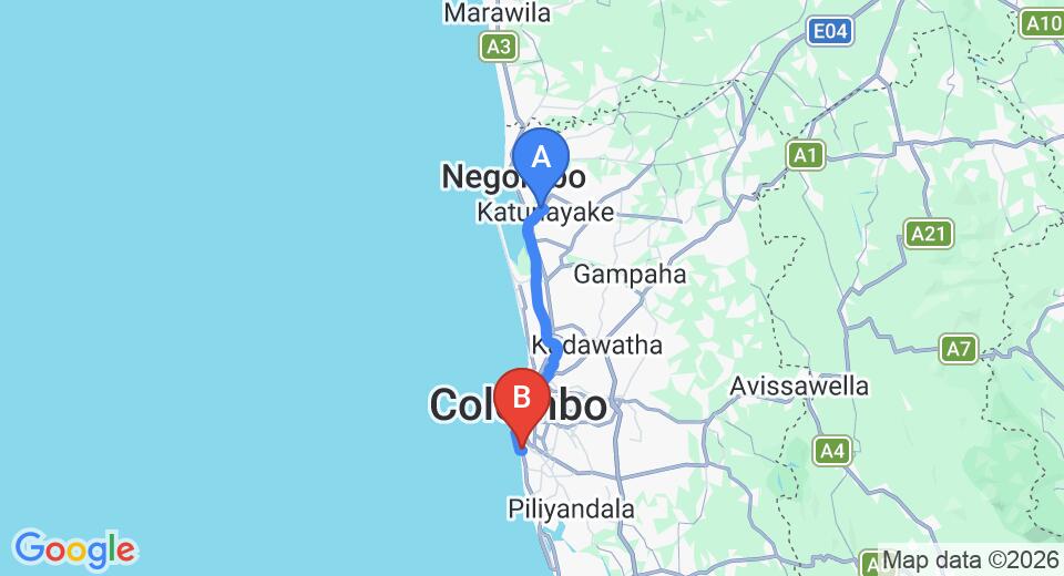 Driving route map: Colombo Airport (CMB) to Wellawatte (39 km, approx 58 min private transfer)