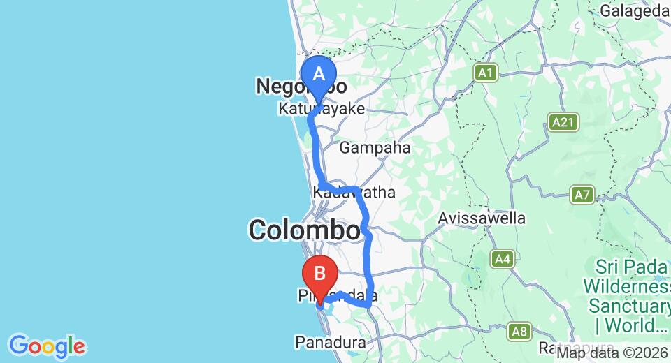 Driving route map: Colombo Airport (CMB) to Sa Mansion By Yoho, Moratuwa (69 km, approx 1 h 22 min private transfer)