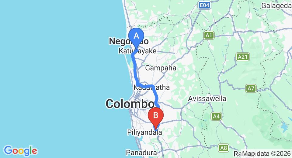 Driving route map: Colombo Airport (CMB) to Mattegoda (54 km, approx 58 min private transfer)