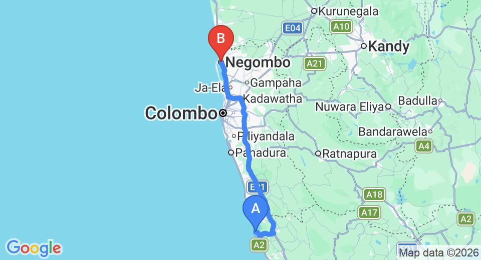 Driving route map: Balapitiya to Negombo (133 km, approx 2 h 1 min private transfer)