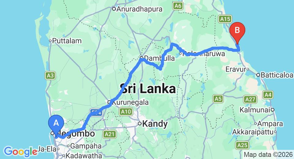 Driving route map: Colombo Airport (CMB) to Giman Free Beach Resort, Pasikuda (265 km, approx 5 h 23 min private transfer)