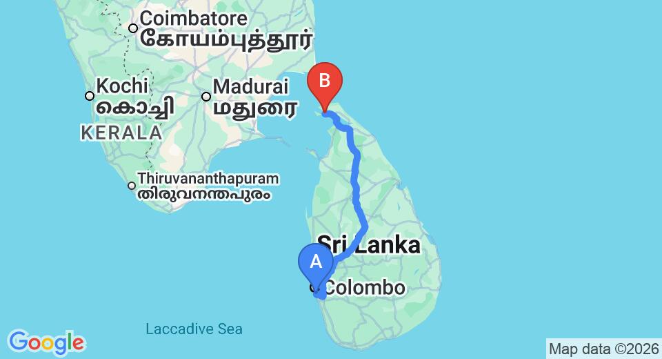 Driving route map: Ratmalana (RML) Airport to Jaffna (419 km, approx 8 h 13 min private transfer)