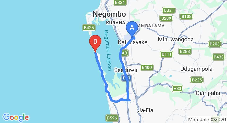 Driving route map: Colombo Airport (CMB) to Samyama Villa, Negombo (23 km, approx 36 min private transfer)