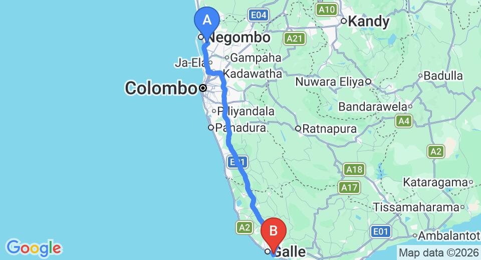 Driving route map: Colombo Airport (CMB) to Buona Vista, Unawatuna (152 km, approx 2 h 6 min private transfer)