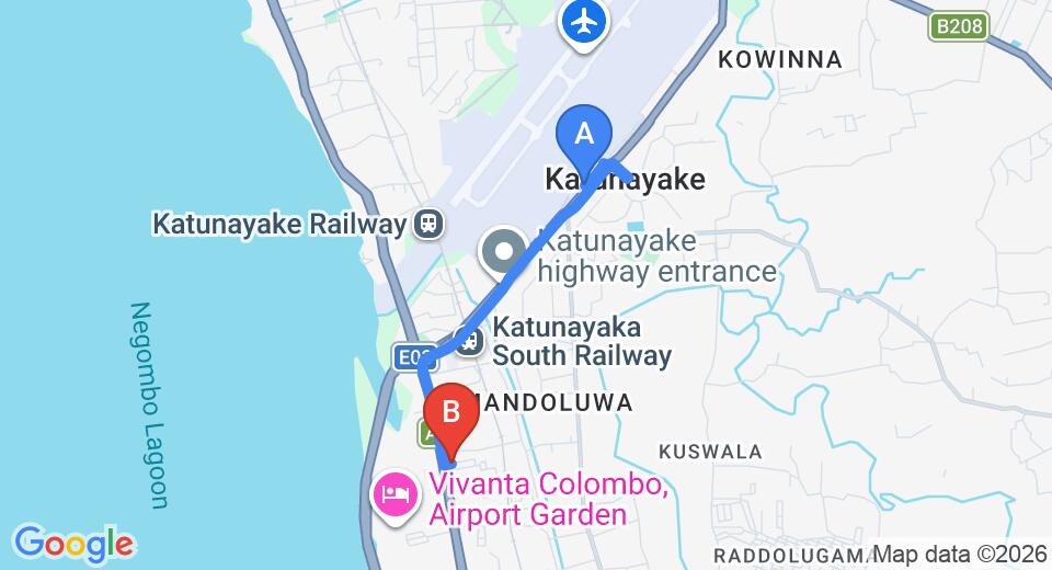 Driving route map: Colombo Airport (CMB) to Hotel Cockpit, Katunayake (4 km, approx 11 min private transfer)