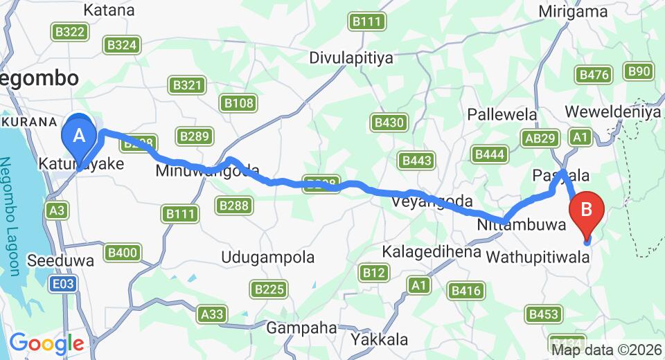 Driving route map: Colombo Airport (CMB) to Ellakkala (35 km, approx 1 h 8 min private transfer)