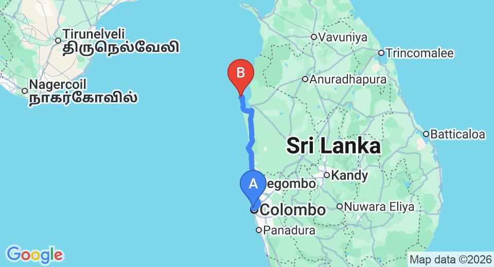 Driving route map: Colombo Seaport to Kalkudah (156 km, approx 3 h 28 min private transfer)