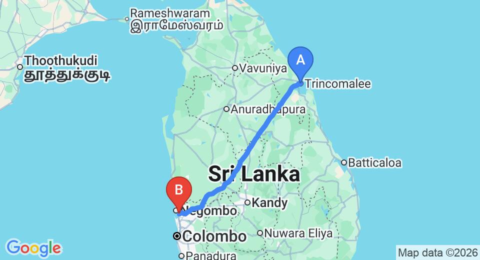 Driving route map: Trincomalee to Colombo Airport (CMB) (235 km, approx 4 h 45 min private transfer)