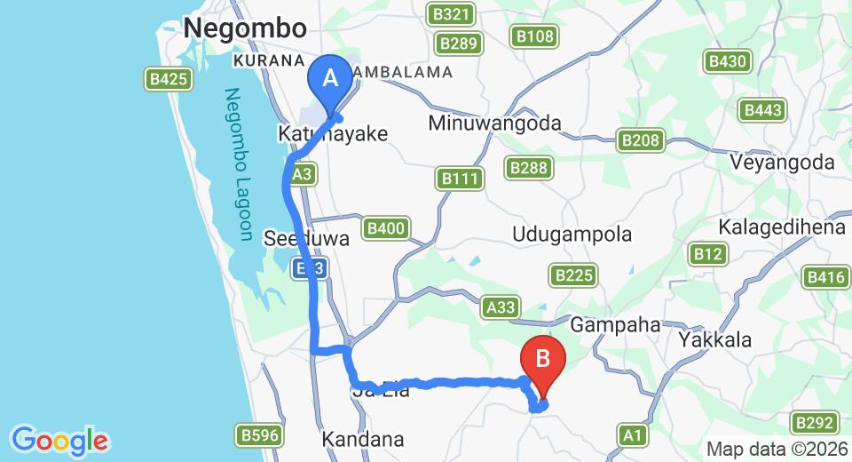 Driving route map: Colombo Airport (CMB) to Ganemulla (25 km, approx 44 min private transfer)