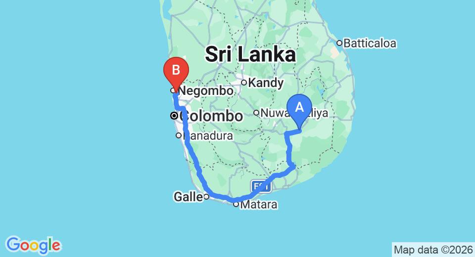 Driving route map: Buttala to Colombo Airport (CMB) (323 km, approx 4 h 28 min private transfer)