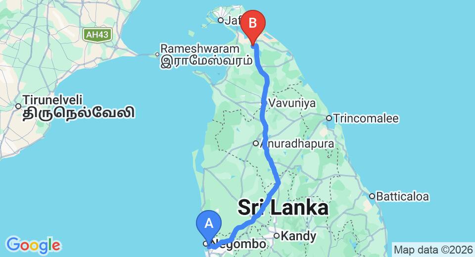 Driving route map: Colombo Airport (CMB) to Kilinochchi (314 km, approx 6 h 11 min private transfer)