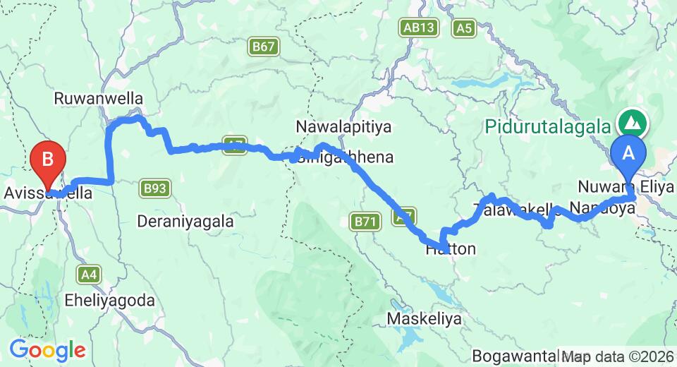 Driving route map: Nuwara Eliya to Avissawella (108 km, approx 3 h 19 min private transfer)