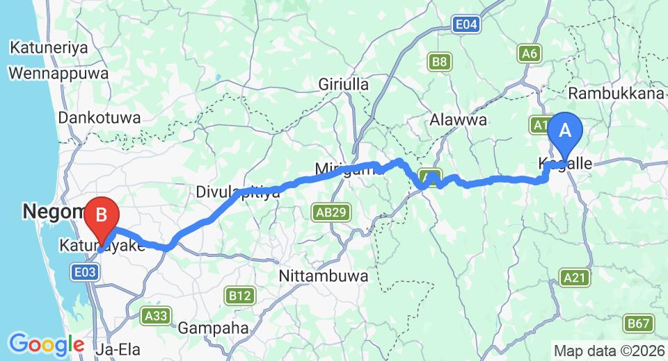 Driving route map: Kegalle to Colombo Airport (CMB) (63 km, approx 1 h 47 min private transfer)