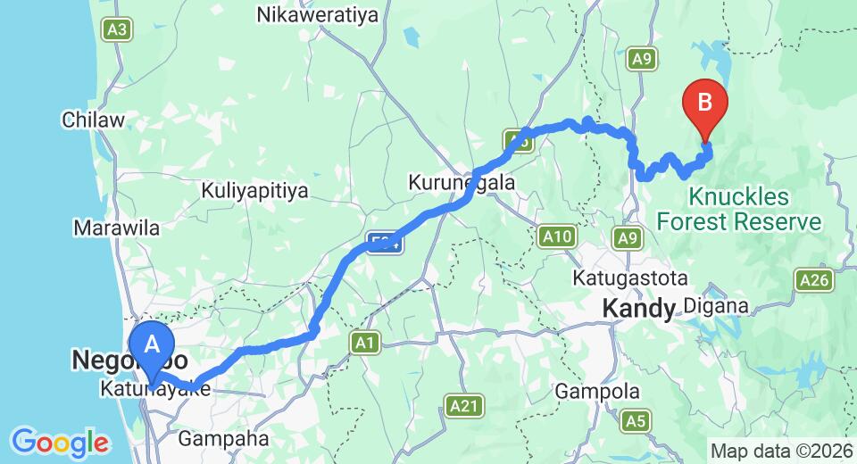 Driving route map: Colombo Airport (CMB) to Sir John's Bungalow, Matale (150 km, approx 4 h 2 min private transfer)
