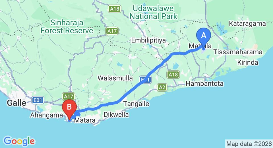 Driving route map: Mattala (HRI) Airport to Mirissa (95 km, approx 1 h 27 min private transfer)