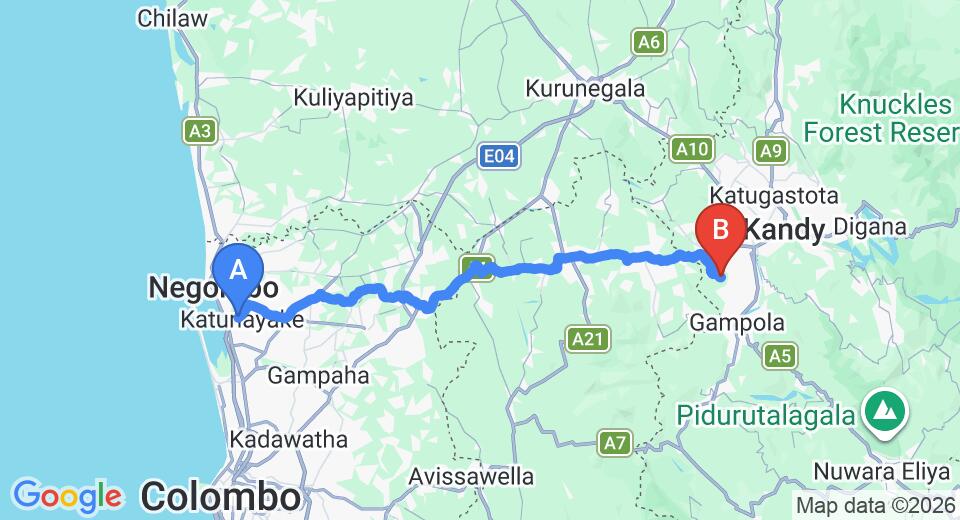 Driving route map: Colombo Airport (CMB) to Athulya Villas, Kandy (96 km, approx 2 h 51 min private transfer)