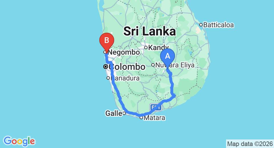 Driving route map: Ella to Colombo Airport (CMB) (334 km, approx 4 h 49 min private transfer)