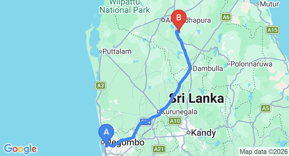 Driving route map: Colombo Airport (CMB) to Uga Ulagalla resort, Anuradhapura to Colombo Airport (CMB) Private Transfer (173 km, approx 3 h 38 min private transfer)