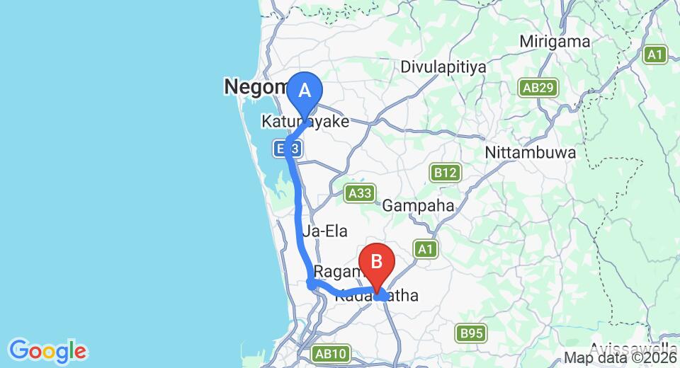 Driving route map: Colombo Airport (CMB) to Kadawatha (32 km, approx 35 min private transfer)