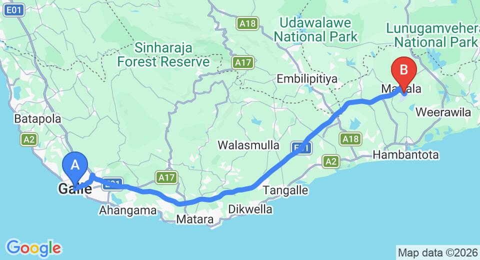Driving route map: Galle to Mattala (HRI) Airport (119 km, approx 1 h 39 min private transfer)