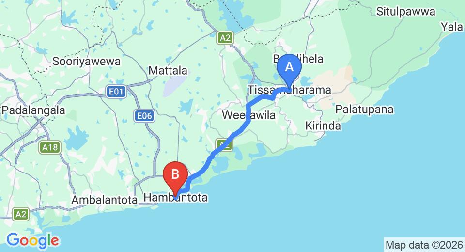 Driving route map: Tissamaharama to Hambantota (28 km, approx 35 min private transfer)