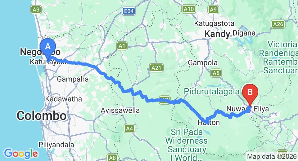 Driving route map: Colombo Airport (CMB) to Galway Forest Lodge Hotel, Nuwara Eliya (155 km, approx 4 h 46 min private transfer)