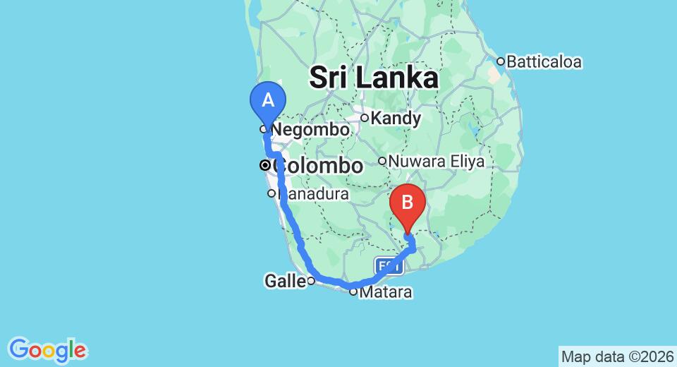 Driving route map: Colombo Airport (CMB) to Governors Camp Udawalawe, Udawalawe (259 km, approx 3 h 29 min private transfer)