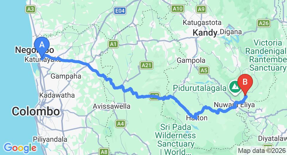 Driving route map: Colombo Airport (CMB) to Kandapola (164 km, approx 5 h 5 min private transfer)