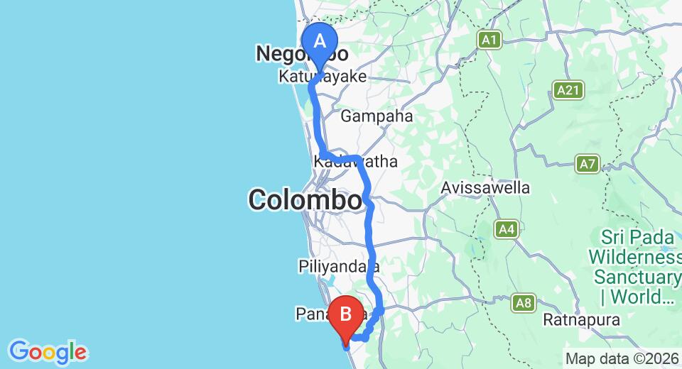 Driving route map: Colombo Airport (CMB) to Vendol Resort, Wadduwa (80 km, approx 1 h 27 min private transfer)