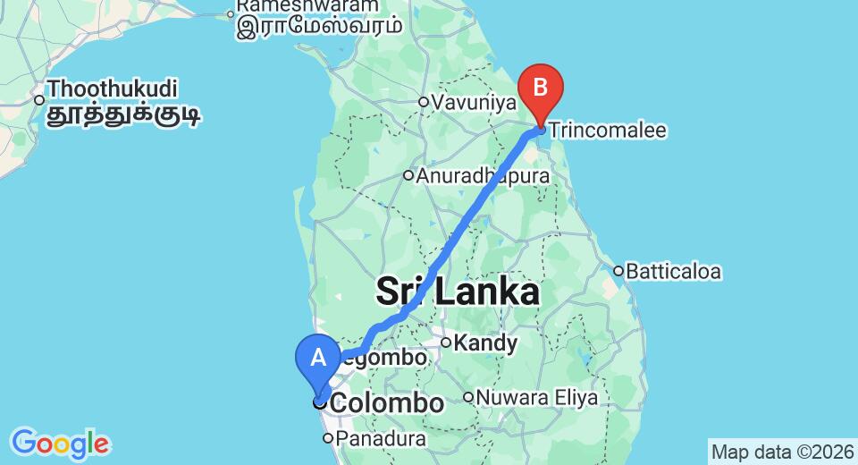 Driving route map: Colombo Seaport to Trincomalee (268 km, approx 5 h 16 min private transfer)