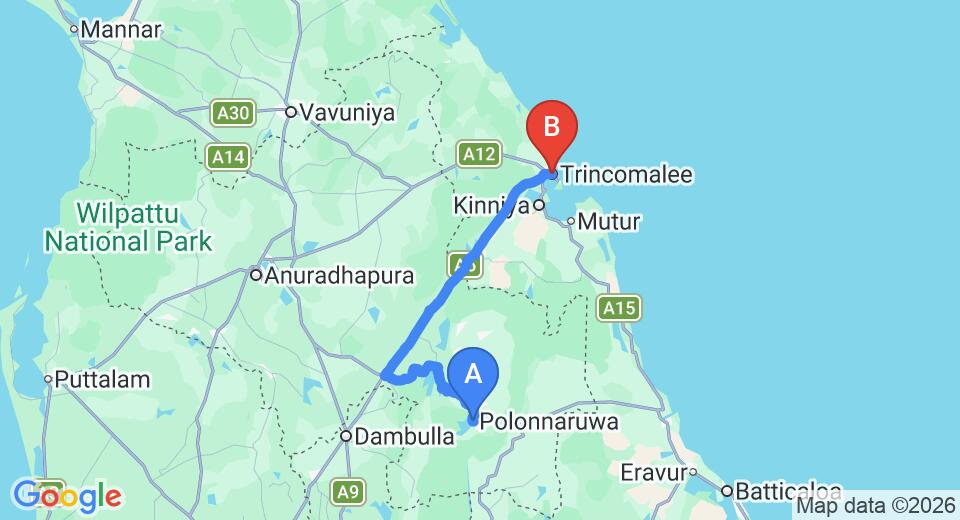 Driving route map: Polonnaruwa to Trincomalee (130 km, approx 2 h 28 min private transfer)