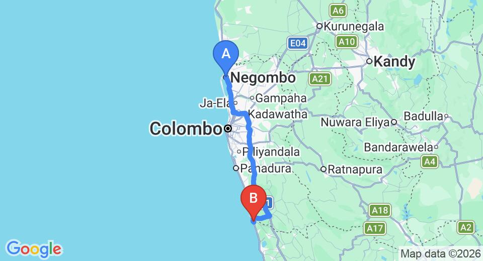 Driving route map: Negombo to Bentota (111 km, approx 1 h 45 min private transfer)