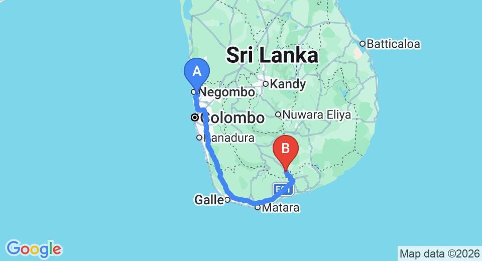 Driving route map: Colombo Airport (CMB) to Embilipitiya (244 km, approx 3 h 15 min private transfer)