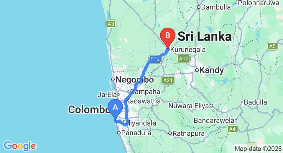 Driving route map: Ratmalana (RML) Airport to Kurunegala (118 km, approx 2 h 34 min private transfer)