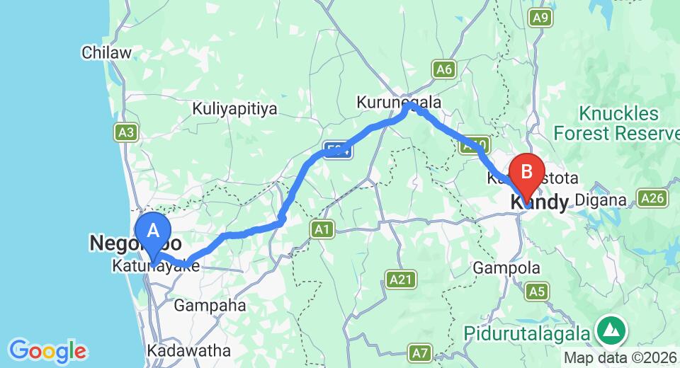 Driving route map: Colombo Airport (CMB) to Brookside Resort by Earl's, Kandy (110 km, approx 2 h 41 min private transfer)