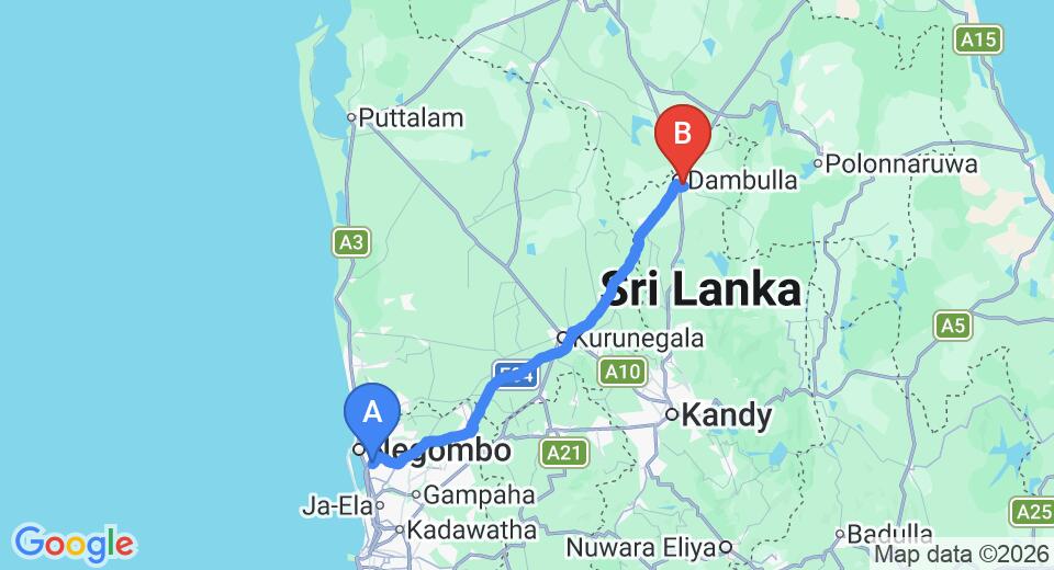 Driving route map: Colombo Airport (CMB) to Hotel Lihini Village, Dambulla (130 km, approx 2 h 49 min private transfer)