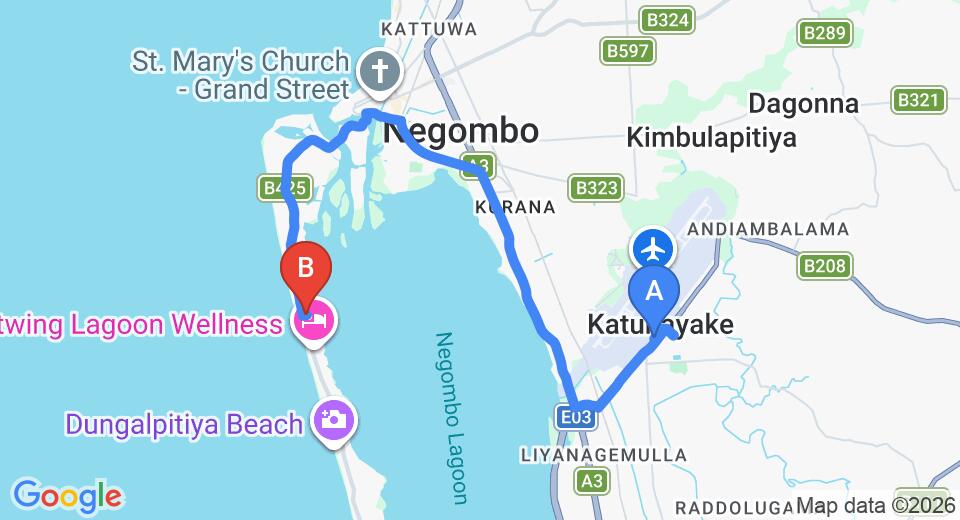 Driving route map: Colombo Airport (CMB) to Rainbow Lagoon Villa, Negombo (16 km, approx 34 min private transfer)
