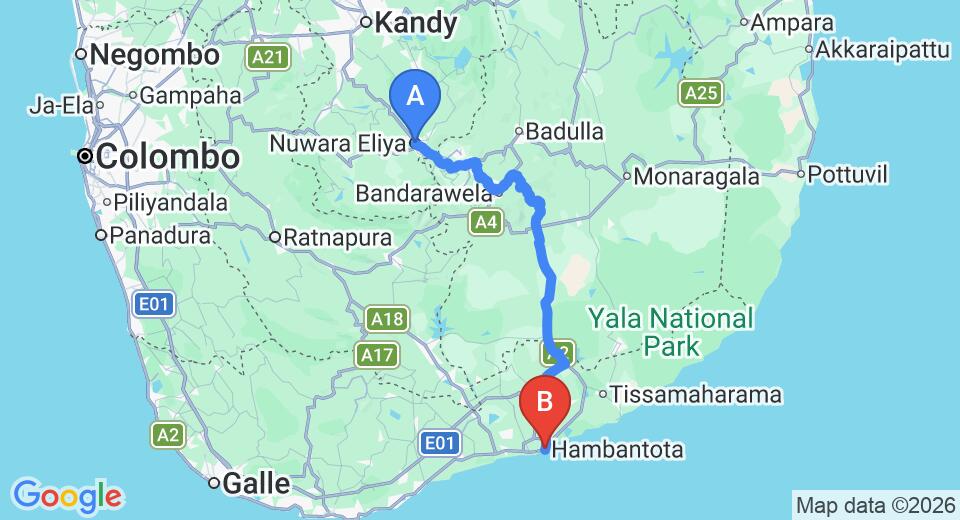 Driving route map: Nuwara Eliya to Hambantota (164 km, approx 4 h 0 min private transfer)