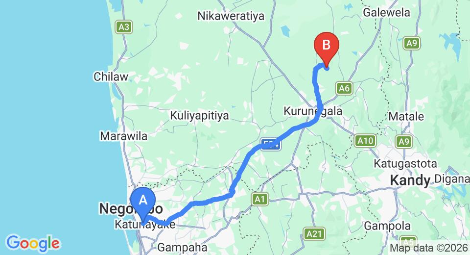 Driving route map: Colombo Airport (CMB) to Dolukanda (93 km, approx 2 h 5 min private transfer)
