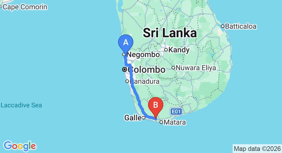 Driving route map: Colombo Airport (CMB) to Singha Villa Regency, Weligama (167 km, approx 2 h 13 min private transfer)