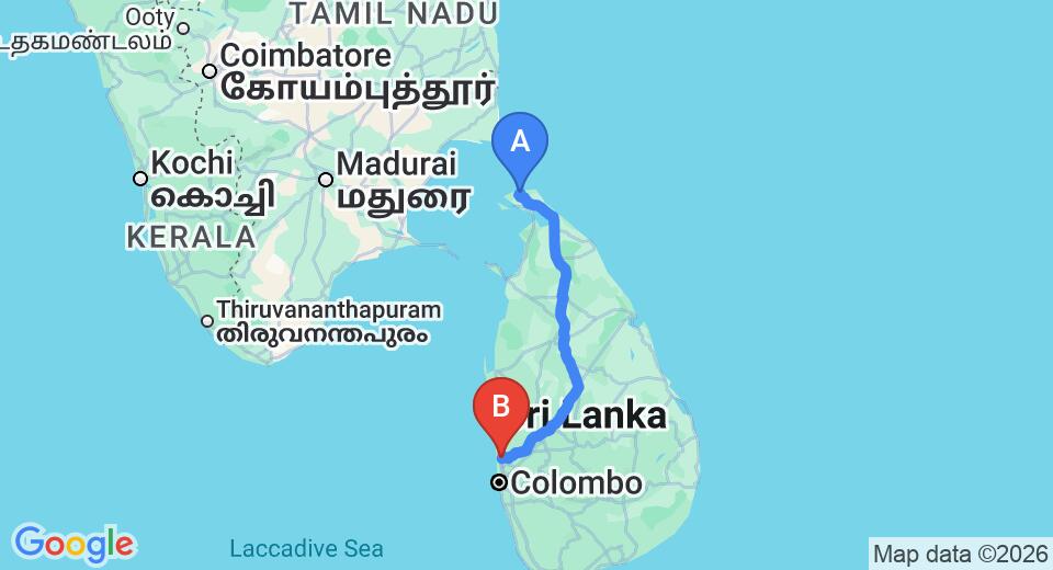 Driving route map: Jaffna (JAF) Airport to Colombo Airport (CMB) (383 km, approx 7 h 33 min private transfer)