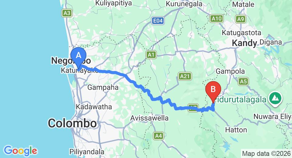 Driving route map: Colombo Airport (CMB) to Nawalapitiya (100 km, approx 3 h 1 min private transfer)