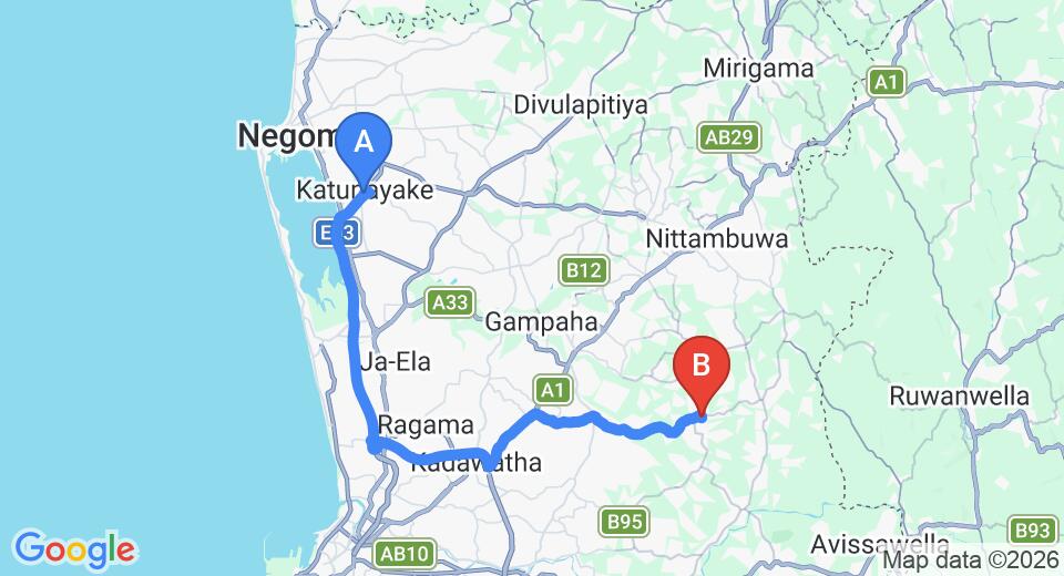 Driving route map: Colombo Airport (CMB) to Radawana (48 km, approx 1 h 4 min private transfer)