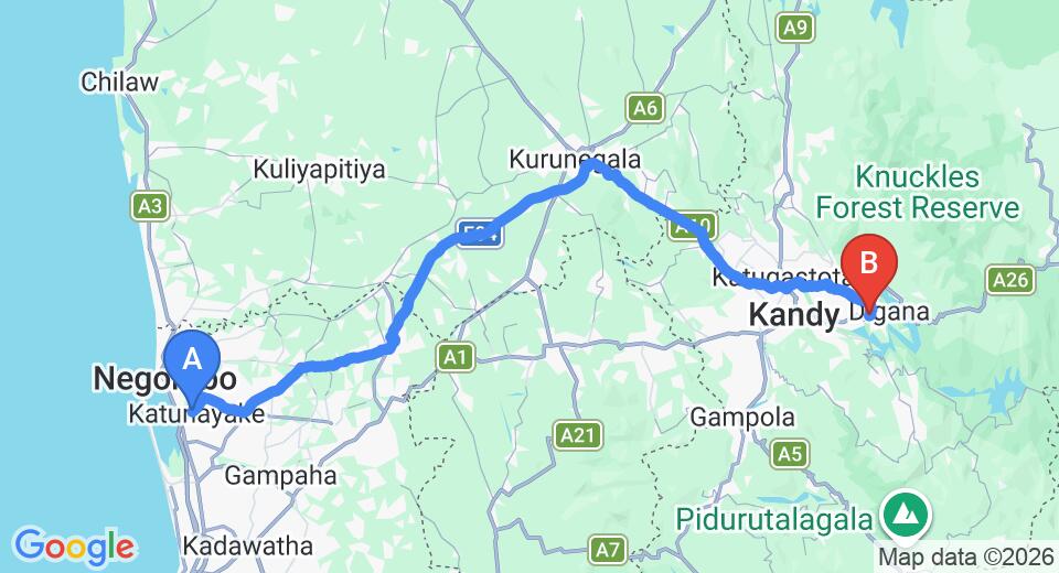 Driving route map: Colombo Airport (CMB) to Ashane Holiday Bungalow, Wasgamuwa (125 km, approx 3 h 14 min private transfer)