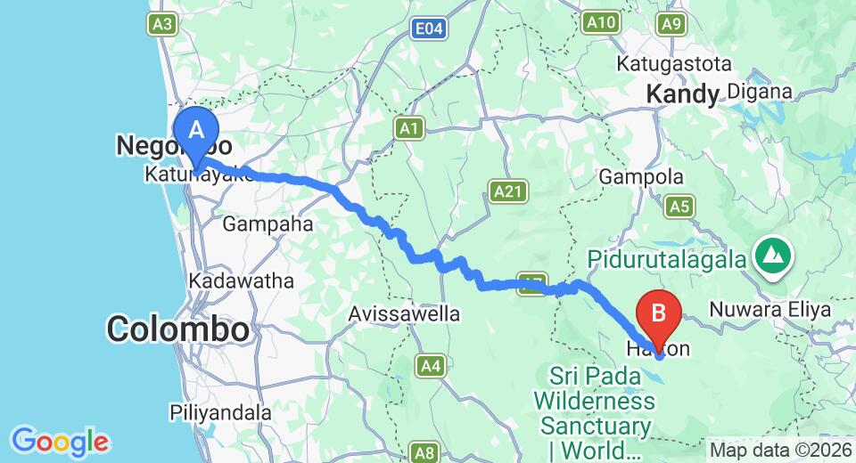 Driving route map: Colombo Airport (CMB) to Laa Adams, Hatton (118 km, approx 3 h 42 min private transfer)