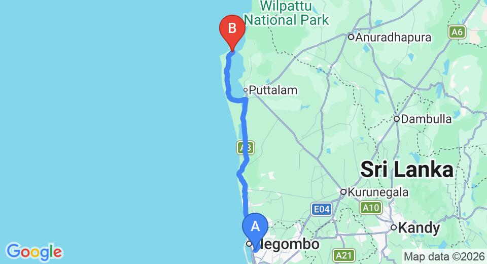 Driving route map: Colombo Airport (CMB) to Kalpitiya St. Anne's Lagoon House, Kalpitiya (140 km, approx 3 h 17 min private transfer)